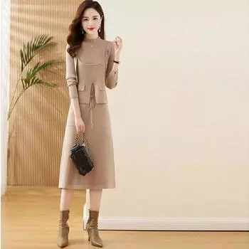 Вязаный комплект свитера женский осенне-зимний темперамент однотонное вязаное платье с коротким жилетом комплект из двух предметов свитер жилет женский