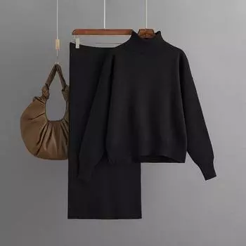 Вязаный комплект Женский Осенне-зимний Однотонный Свитер с высоким воротом Юбка-полусолнце Набор из двух предметов One Size чёрный