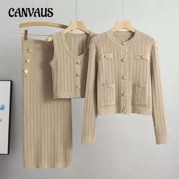 Вязаный комплект женский осенний кардиган свитер жилет трикотажный полубоди юбка костюм One Size хаки
