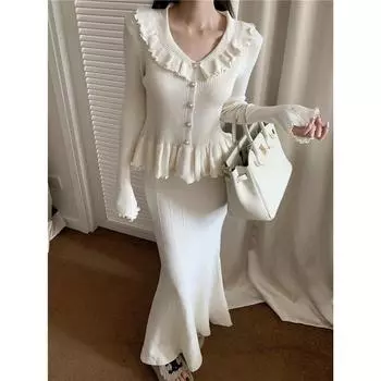 Вязаный комплект женского корейского стиля Gentle Temperament, дизайн трикотажного топа с узором «Лотосовый лист», новинка весны, высокая талия, облегающая бедра, юбка-рыбий хвост S чёрный