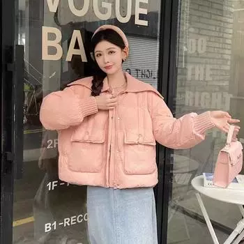 Вязаный короткий пуховик с большим воротником-лацканом, женская короткая зимняя мода 2024 года, белая маленькая куртка на утином пуху S size 90-60kg белый