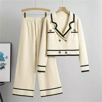 Вязаный костюм-двойка на осень и зиму, брюки широкого кроя, короткий стиль, модный повседневный костюм в стиле маленькой Франции для женщин One Size абрикосовый