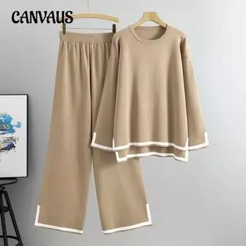 Вязаный костюм женский свитер осень и зима плюс размер длинный рукав открытый широкий брючный костюм One Size хаки