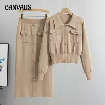 Вязаный костюм женский свитер весна и осень сладкий нежный ветер юбка костюм