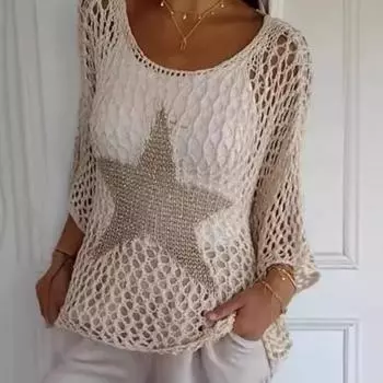 Вязаный крючком ажурный топ с принтом звезд свитер с круглым вырезом и длинными рукавами пуловер XXXL хаки