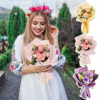 Вязаный крючком букет цветов Украшение ручной работы Вязание тюльпана розы Цветочные растения Орнамент Искусственный цветок жёлтый