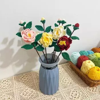 Вязаный крючком домашний реквизит для фотосъемки на вечеринке Искусственные букеты Уникальные искусственные цветы Camellia sinensis своими руками красный