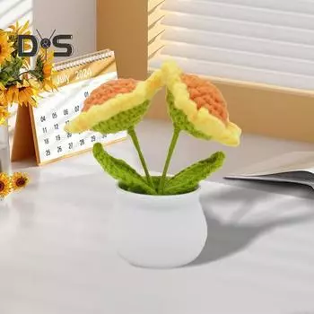 Вязаный крючком горшечный подсолнух, украшение ручной работы, мини-цветок с двумя головками и белой вазой, украшение для рабочего стола для дома, офиса, спальни Sunflower