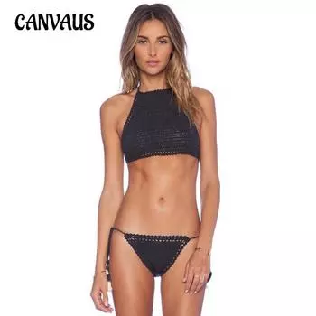 Вязаный крючком купальник бикини женский пляжный сексуальный завязывающийся раздельный купальник M белый