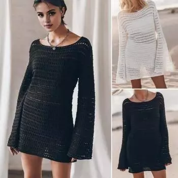 Вязаный крючком купальник. Пляжный купальный костюм. Купальники. Бикини. Накидка с вырезом. Длинные рукава и открытая спина. S белый