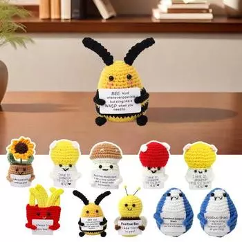 Вязаный крючком позитивный гриб с открыткой Эмоциональная поддержка Вязание вручную Горшечный подсолнух Картофель фри Пчела Акула G