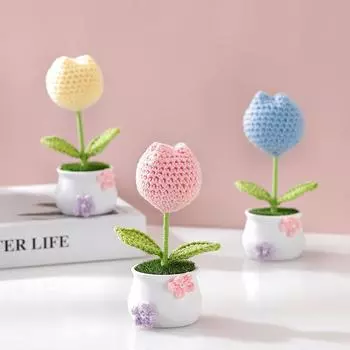 Вязаный крючком пуховый цветок настольное украшение подарки креативный имитация тюльпана горшечное растение мини-украшение для дома