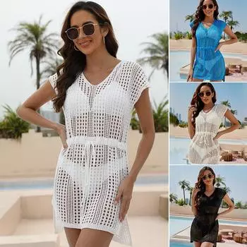 Вязаный купальник бикини с v-образным вырезом и солнцезащитным кремом, блузка, пляжное платье для женщин S белый