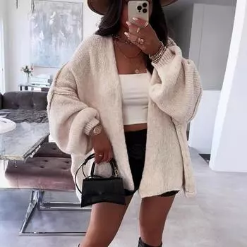Вязаный ленивый стиль с длинным рукавом женские свободные кардиганы пальто зима осень сохраняют тепло модные однотонные повседневные свитера пальто S абрикосовый