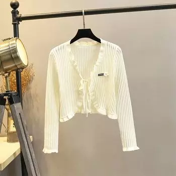 Вязаный летний кардиган с запахом, V-образный вырез, шаль из листьев лотоса Apricot-Long sleeves 839-Ruffles Flowers 2XL