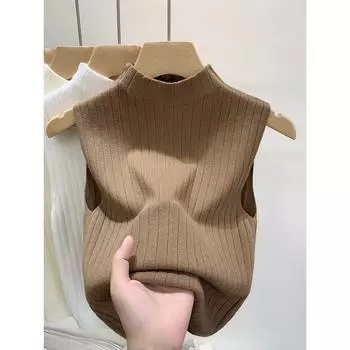 Вязаный летний женский топ, повседневный элегантный полосатый топ на бретелях, однотонный женский топ на бретелях с высоким воротником One Size чёрный