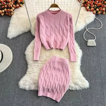 Вязаный модный костюм женский тонкий корпус с круглым воротником и толстый свитер с длинными рукавами + высокая поясная юбка на бедрах из двух частей One Size чёрный