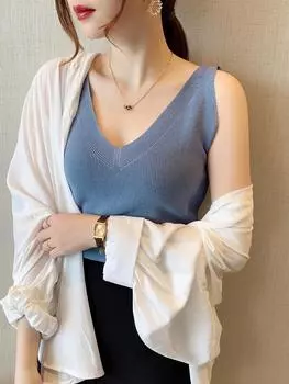 Вязаный низ из ледяного шелка. Небольшой камзол. Женщины летом носят белый жилет с v-образным вырезом и топ без рукавов. оранжевый