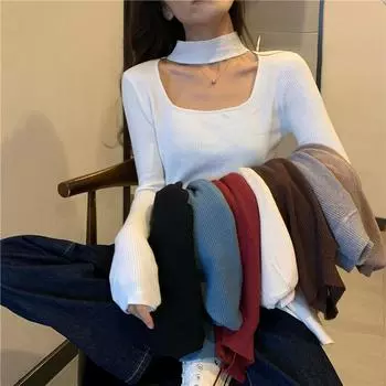 Вязаный однотонный пуловер с длинным рукавом, женский зимний дизайн, с длинным рукавом и открытым воротником, свитер с квадратным вырезом, женский пуловер