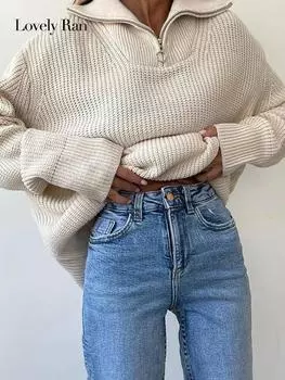 Вязаный отложной воротник, женские свитера, свободные женские пуловеры на молнии с длинными рукавами, осень-зима 2022, повседневный модный женский джемпер S небесно-голубой