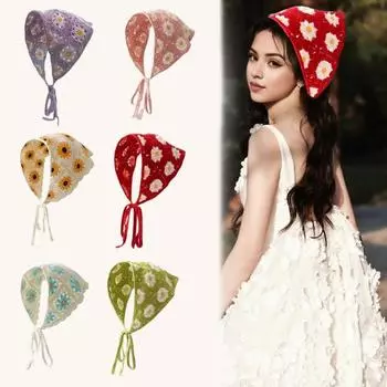 Вязаный платок для девочки с цветочным узором, регулируемые лямки, вязаный крючком треугольный стиль, повязка на голову, аксессуар для волос зелёный