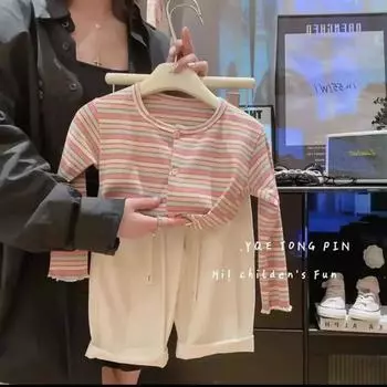 Вязаный полосатый топ с длинным рукавом для девочек - Весна/Осень 2024 Мода в корейском стиле 90 cm