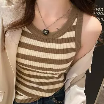 Вязаный полосатый жилет, женский новый осенне-зимний костюм с подтяжками, контрастный цвет низа и верха S