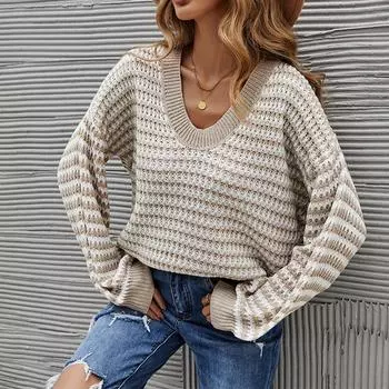 Вязаный повседневный полосатый пуловер с v-образным вырезом, женский свитер S розовый
