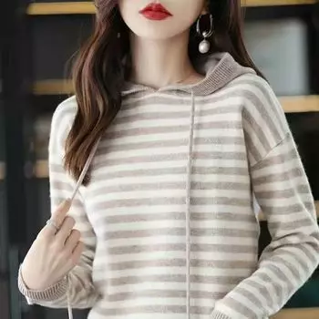 Вязаный повседневный пуловер с капюшоном, женский новый осенний повседневный свитер с длинным рукавом, свободный полосатый свитер, пуловер, топ