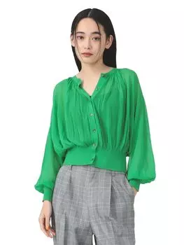 Вязаный прозрачный кардиган с круглым вырезом и сборками ЗЕЛЕНЫЙ ОДИН РАЗМЕР [Raybeams] L/S для женщин зелёный