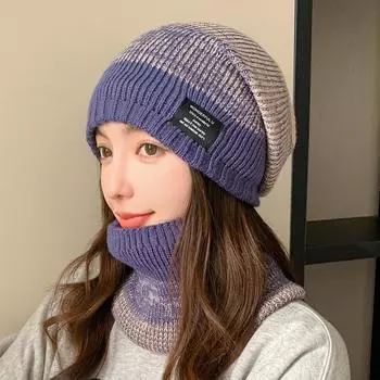 Вязаный пуловер, шапка, шарф, комплект для мужчин и женщин, зимняя утолщенная бархатная защита лица для улицы, двухцветная вязаная шапка hat + scarf чёрный