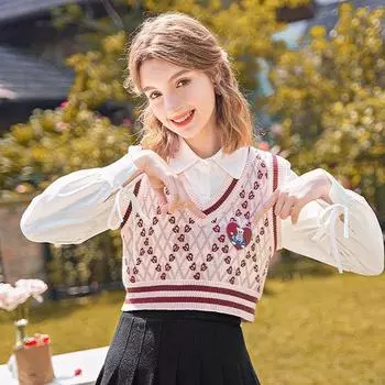 Вязаный пуловер, свитер, жилет, женский свитер без рукавов с принтом медведя с v-образным вырезом, свободный вязаный жилет, верхняя зимняя одежда для женщин S красный