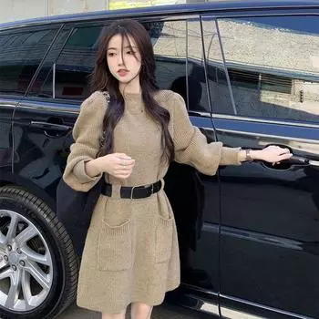 Вязаный пуловер в стиле ретро для женщин, осенне-зимний повседневный однотонный свитер с длинными рукавами и круглым вырезом, женский пуловер