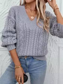 Вязаный пуловер, женская мода, повседневный, осень 2024, винтажный свободный свитер из жареного теста с V-образным вырезом и длинным рукавом, однотонный свитер S