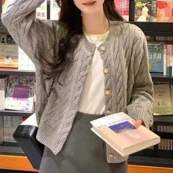 Вязаный ребристый кардиган, куртки, женская одежда, туника с круглым вырезом, Sueter Mujer, повседневная мода, трикотаж, укороченные свитера, Pull Femme One size серый