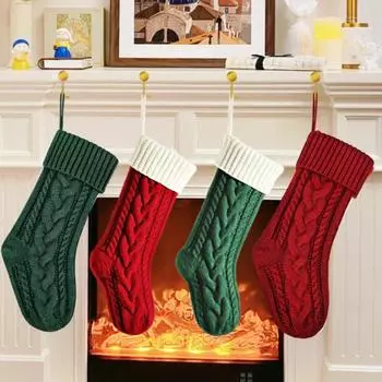 Вязаный рождественский чулок, праздничный чулок, рождественский подарочный пакет, чулок с петлей для подвешивания, декор для каминной двери зелёный/белый