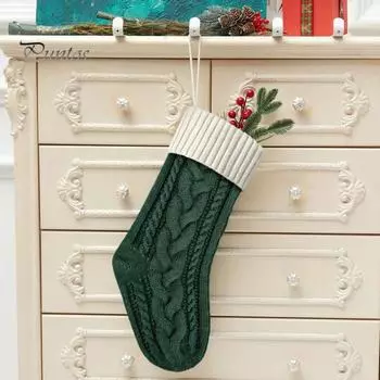 Вязаный рождественский чулок, праздничный чулок, рождественский подарочный пакет, чулок с петлей для подвешивания, декор для каминной двери белый