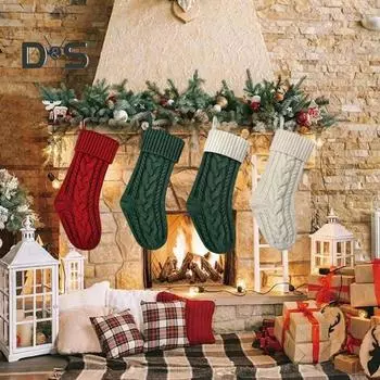 Вязаный рождественский чулок, праздничный чулок, рождественский подарочный пакет, чулок с петлей для подвешивания, декор для каминной двери белый