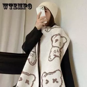 Вязаный шарф, корейская версия, нагрудник с медведем, женский осенне-зимний студенческий утолщенный теплый платок, милая сетчатая красная универсальная вещь One size
