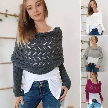 Вязаный шарф-накидка с косами и рукавами, мягкий шарф-шаль в богемном стиле, ажурный узор для вязания крючком, шарф-накидка в виде свитера темно-серого