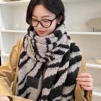 Вязаный шарф с принтом зебры, женский зимний студенческий утолщенный теплый шарф двойного назначения