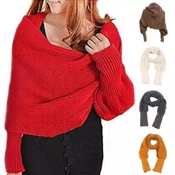 Вязаный шарф-шаль с рукавами, женский, осень-зима, однотонный, длинный вязаный шарф, повседневный, литературный стиль, эластичный шарф-шаль 210cm красный