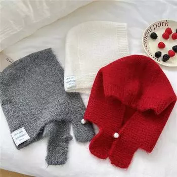 Вязаный шейный платок с жемчужной пряжкой, интегрированный шарф, женская теплая сумка-чехол на голову из шерсти, пуловер, шапка, шарф 40*25cm