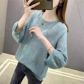 Вязаный свитер 2023, новый свободный свитер, женский топ с семью рукавами One Size чёрный