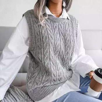 Вязаный свитер без рукавов, пуловер с открытыми листьями, женский жилет, свитер, повседневный осенне-зимний женский жилет с круглым вырезом, однотонные топы 18139 S серый