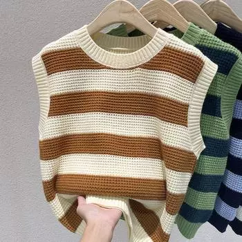 Вязаный свитер без рукавов в контрастную полоску для женщин, ранняя осень 2023, пуловер с круглым вырезом в форме сердца, жилет, женский топ One Size чёрный