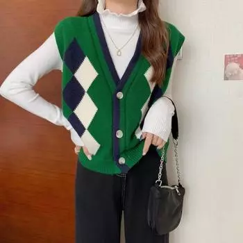 Вязаный свитер Diamond, жилет женский, свободный, с V-образным вырезом, без рукавов, женский кардиган S хаки