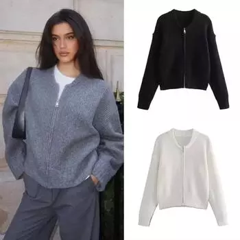Вязаный свитер для женщин, модный свитер с V-образным вырезом и длинным рукавом на молнии, женский, 2024, осень-зима, женская верхняя одежда для улицы S чёрный