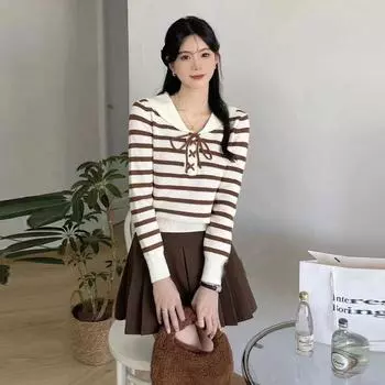 Вязаный свитер для женщин на осень и зиму, корейский милый женский свитер с длинными рукавами и темпераментом, полосатый пуловер, женские топы