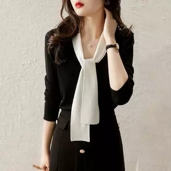 Вязаный свитер для женщин на раннюю осень модный стильный свитер с V-образным вырезом и контрастными цветами струящиеся ленты универсальный утягивающий с длинными рукавами S чёрный